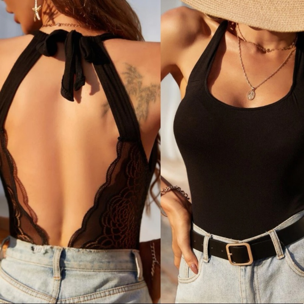 Boho scallop lace V neck low back cami bodysuit - Picture 1 of 5